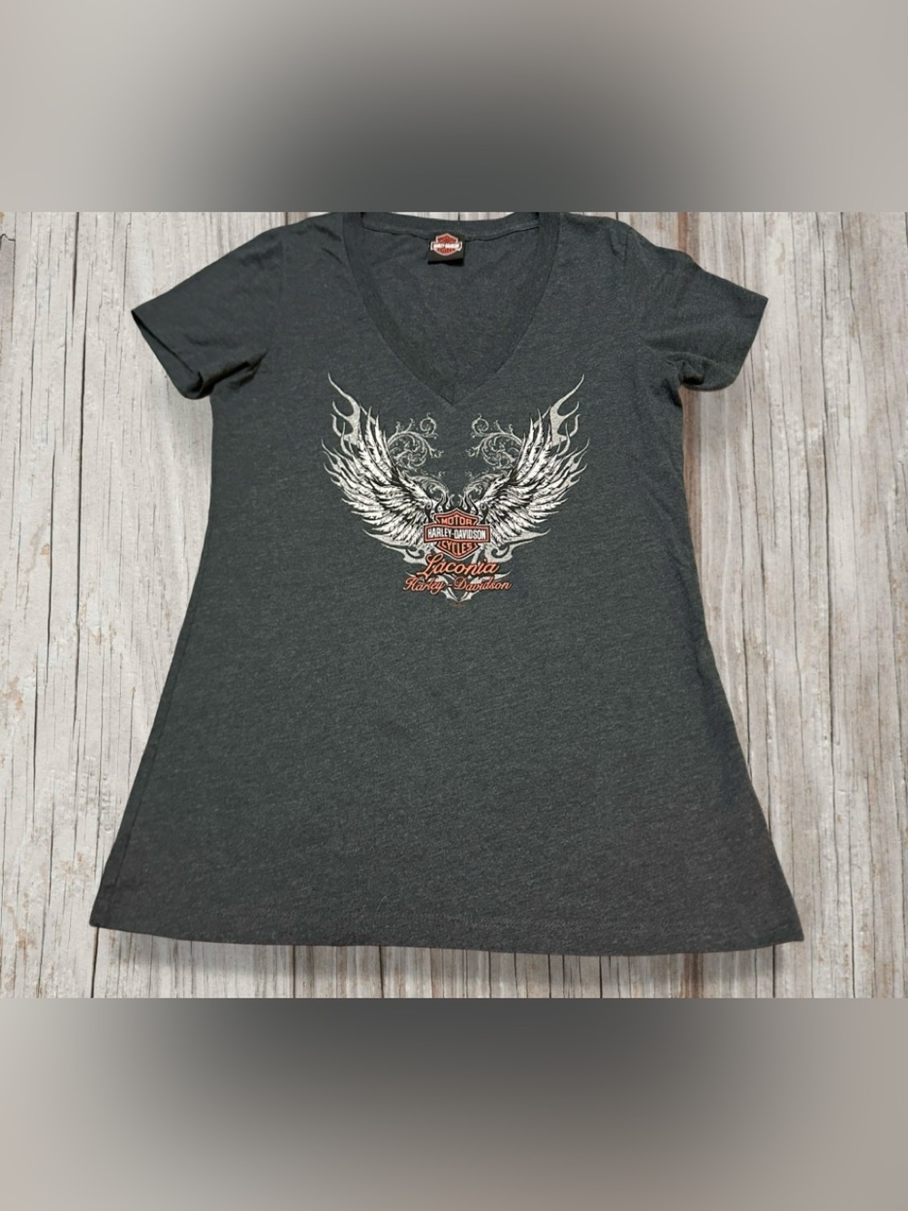 Harley-Davidson Women's Charcoal V-Neck Tee with Winged Shield Graphic XL